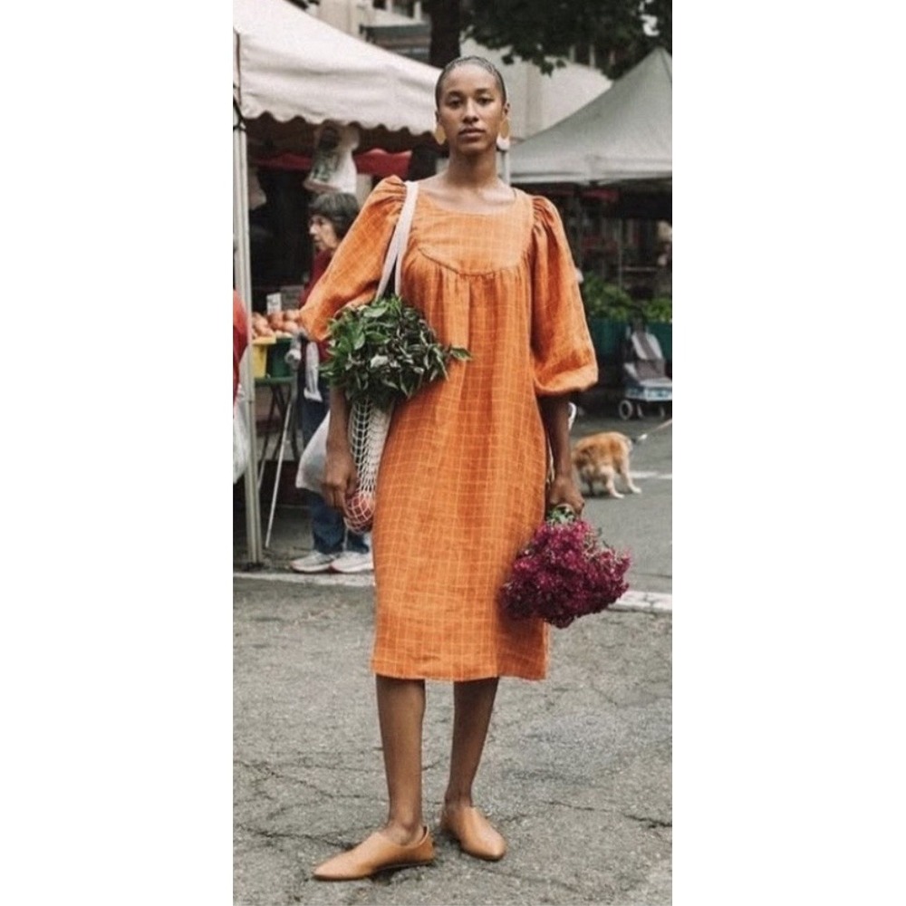 ALIYA Wanek Birdie Midi Dress Sz M Orange Plaid 100% Linen Pockets Designer
